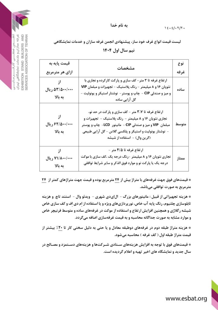 قیمت انجمن غرفه سازان نیمه اول سال 1404